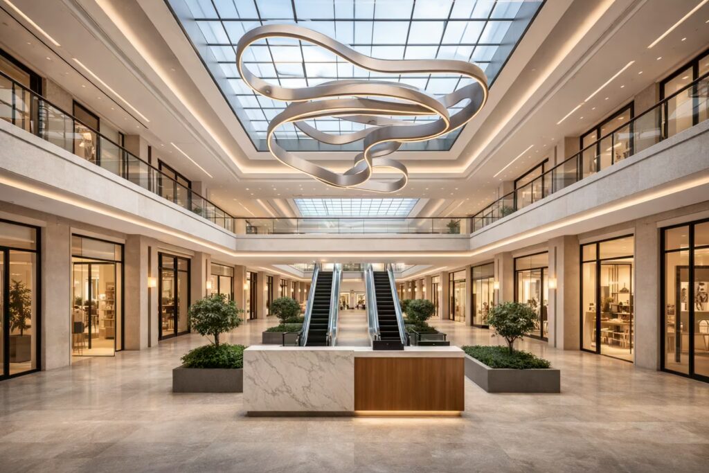 Italian-style luxury shopping mall atrium with skylight and structured circulation design – Cmilano