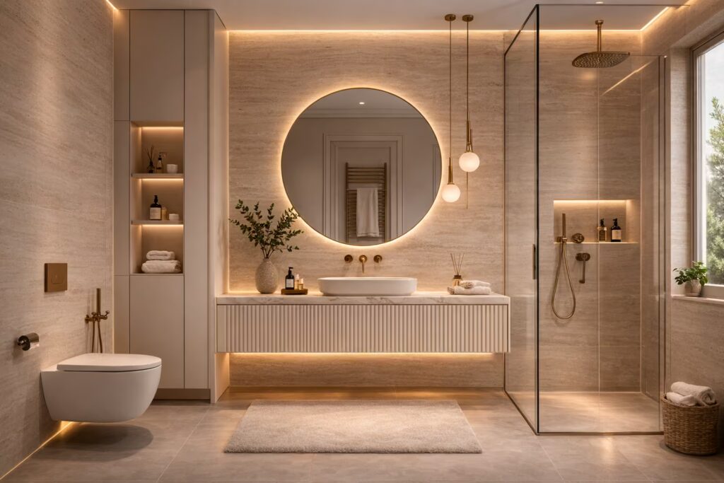 Italian travertine bathroom with brass fixtures and marble vanity top.