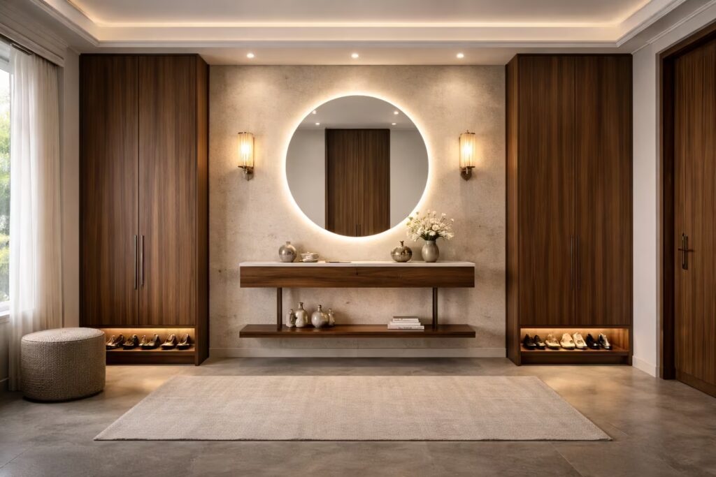 Italian walnut foyer with backlit mirror and concealed shoe storage.