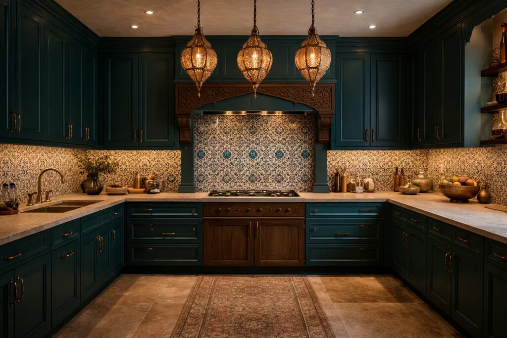 Jewel-tone Turkish heritage kitchen with brass detailing by Cmilano