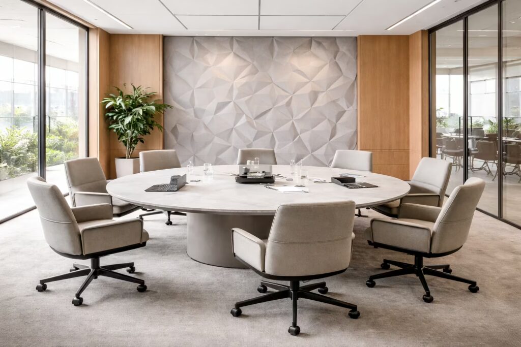 Luxury CEO executive suite with Turkish marble desk and skyline view designed by Cmilano.