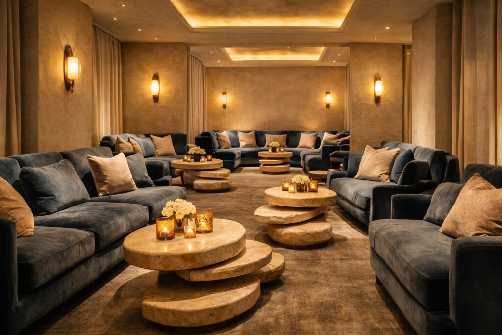Luxury boutique lounge with velvet seating and ambient lighting by Cmilano.