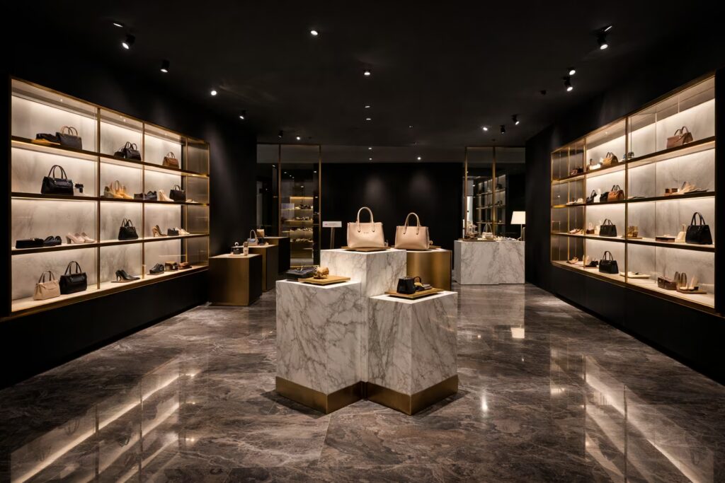 Luxury boutique product display gallery with illuminated shelves designed by Cmilano.