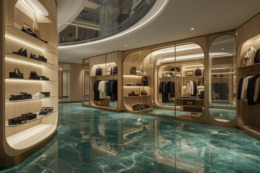 Luxury boutique retail interior with Turkish marble flooring, European finishes and designer lighting crafted by Cmilano for immersive brand experiences. (1)