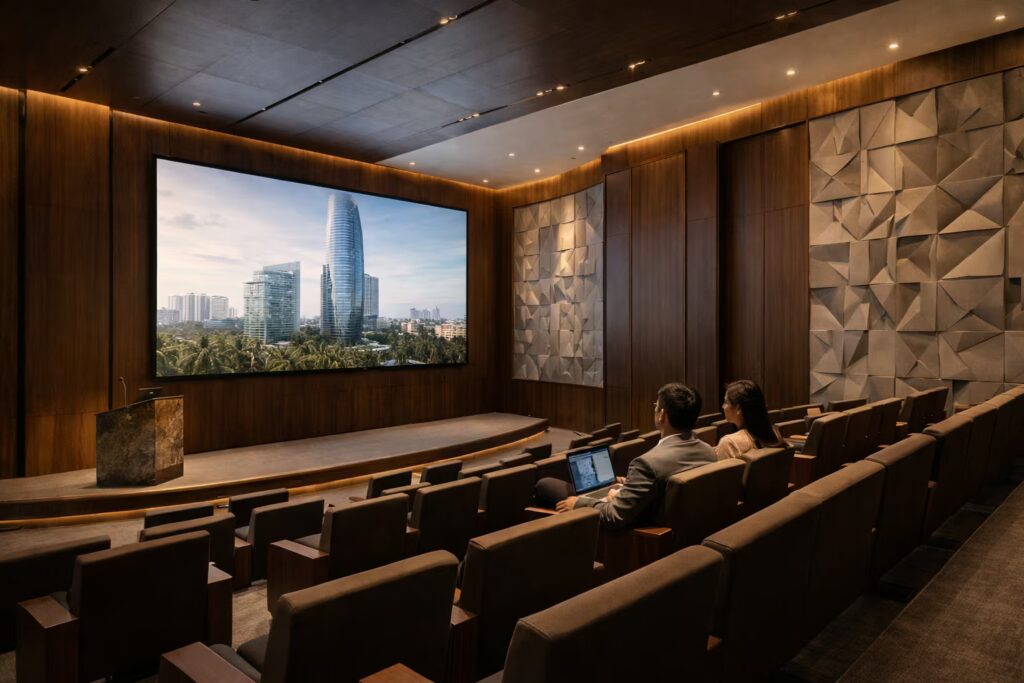 Luxury corporate auditorium with acoustic panels in Chennai office tower