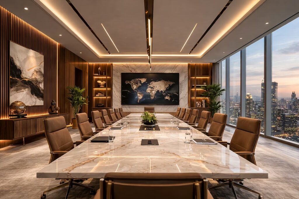 Luxury executive boardroom with Turkish marble table, European wood panels and acoustic design crafted by Cmilano for high-performance corporate leadership spaces.