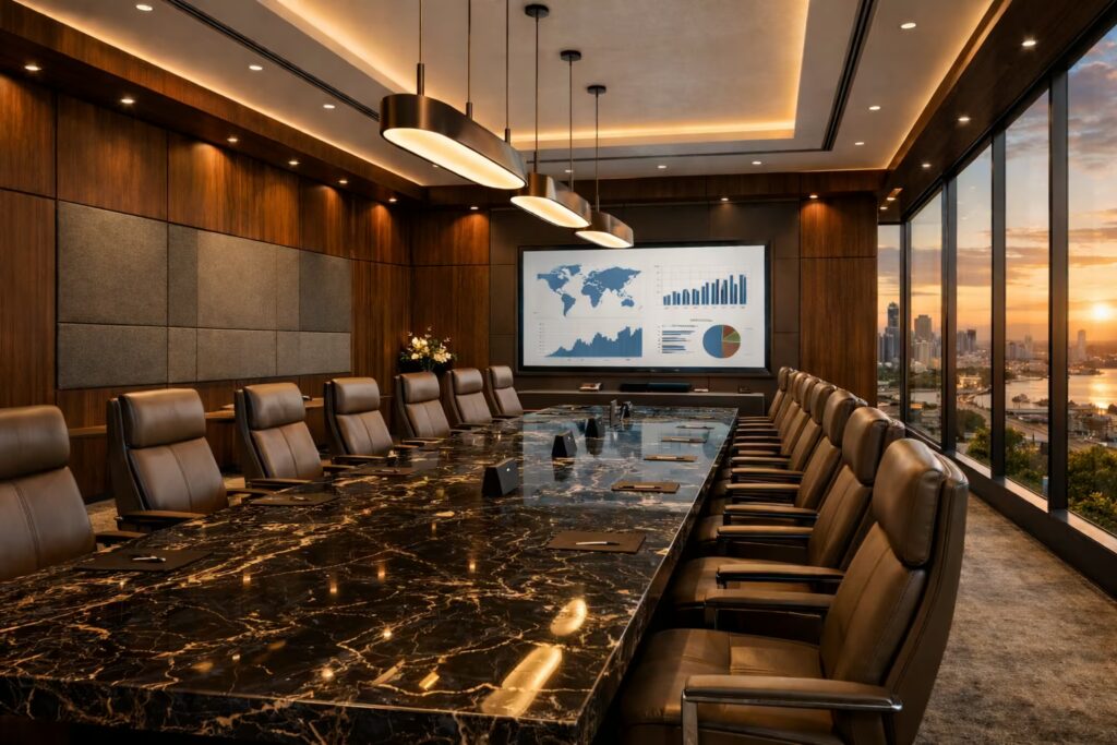Luxury executive boardroom with marble conference table, leather seating and European lighting designed by Cmilano for elite corporate leadership spaces.