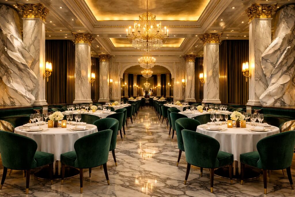 Luxury fine dining restaurant hall with marble floors and velvet seating designed by Cmilano.