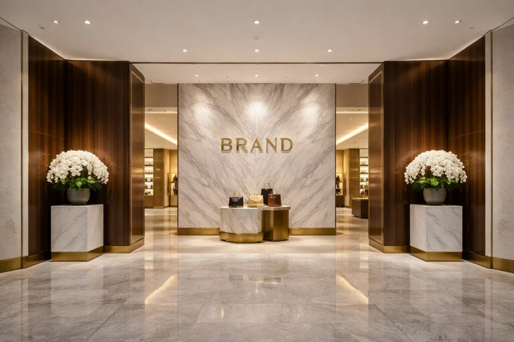 Luxury flagship retail entrance with Turkish marble and Italian veneer surfaces by Cmilano