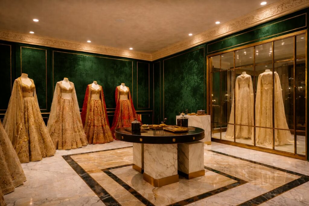 Luxury flagship retail showroom with immersive lighting and premium brand display design by Cmilano.