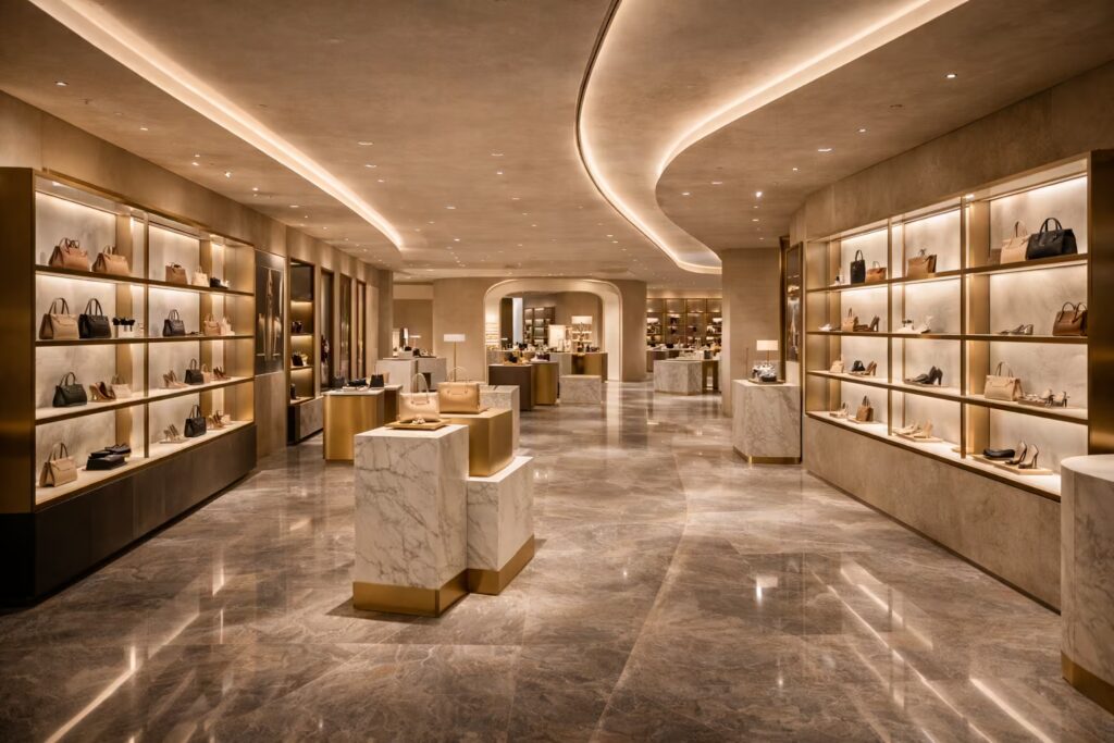Luxury flagship store walkway with fluid navigation layout designed by Cmilano.