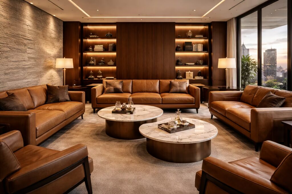 Luxury leadership lounge with Italian leather seating and marble tables by Cmilano.
