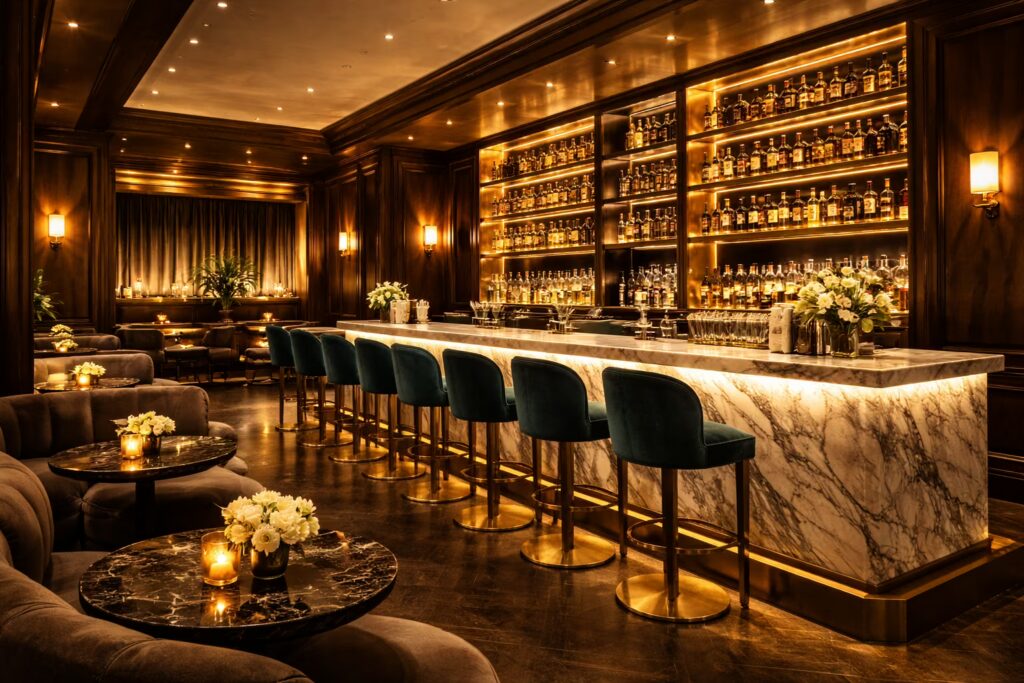 Luxury private cocktail bar with marble counter and brass shelves designed by Cmilano.