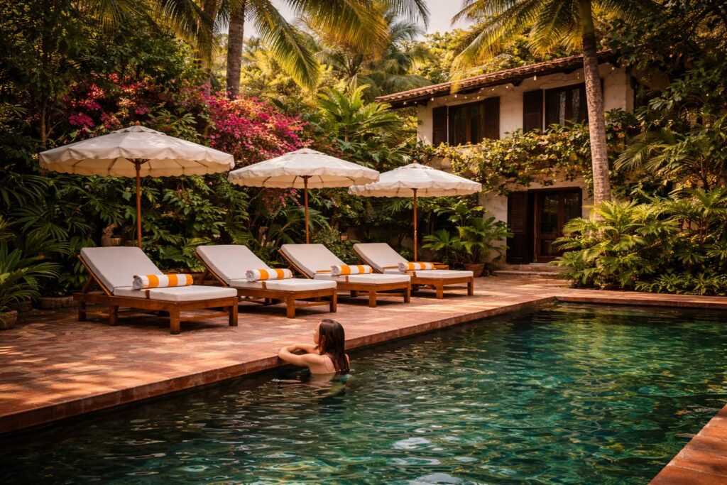 Luxury tropical villa swimming pool with sun loungers, umbrellas and lush greenery, serene resort-style outdoor space designed with elegant hospitality aesthetics by Cmilano.
