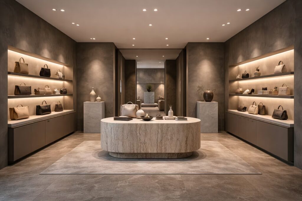 Modern European retail space with layered spotlight design by Cmilano