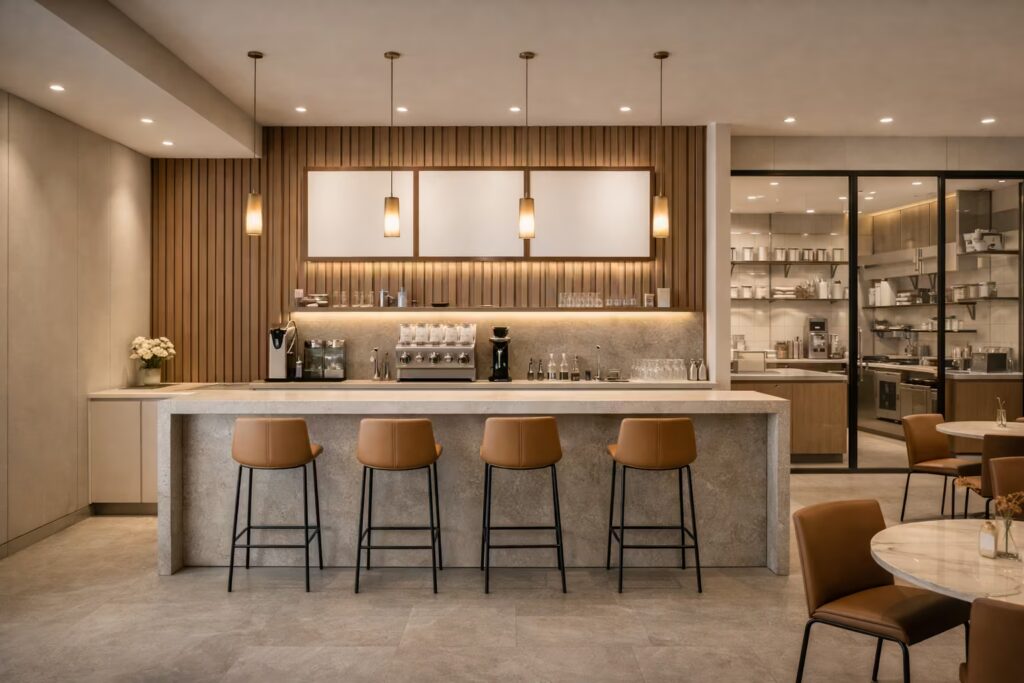 Modern Italian café interior with stone counter and warm pendant lighting – Cmilano