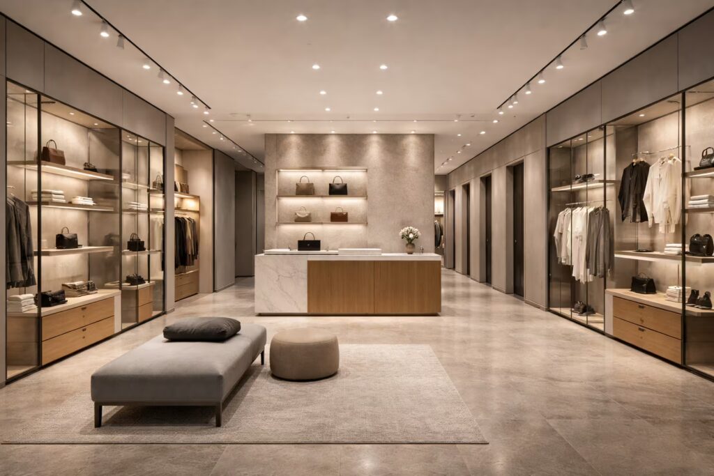 Modern Italian retail store with glass displays and precision spotlight lighting – Cmilano