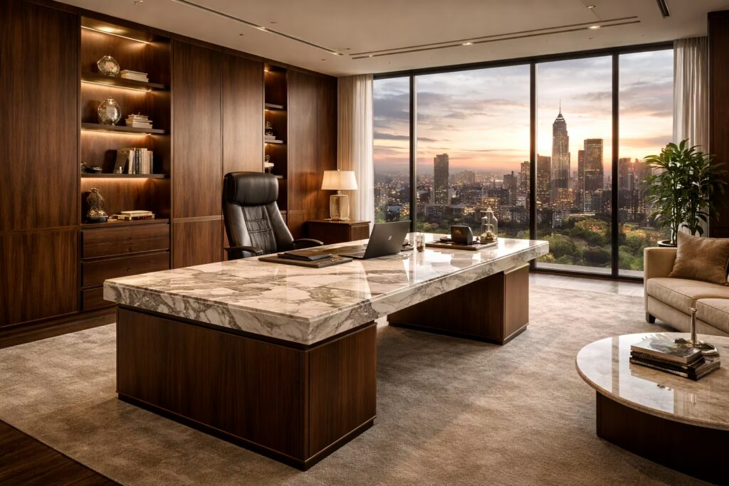 Modern collaboration meeting atelier with circular table and acoustic walls designed by Cmilano.