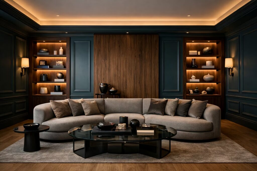 Navy and microcement European living interior design by Cmilano