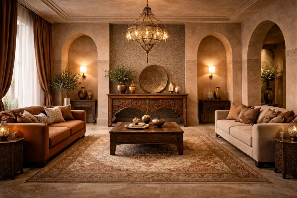 Ottoman-inspired Turkish living room with arched niches and brass chandelier by Cmilano