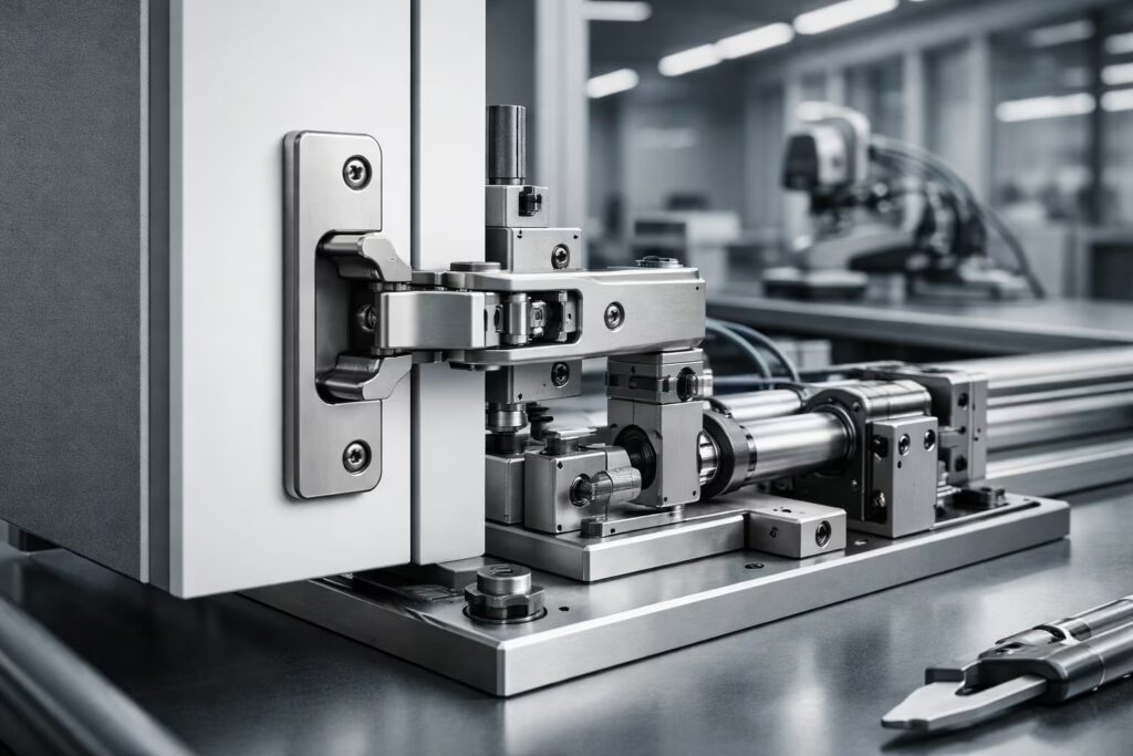 Precision German soft-close hinge system and engineered hardware components used in high-performance interiors by Cmilano Chennai