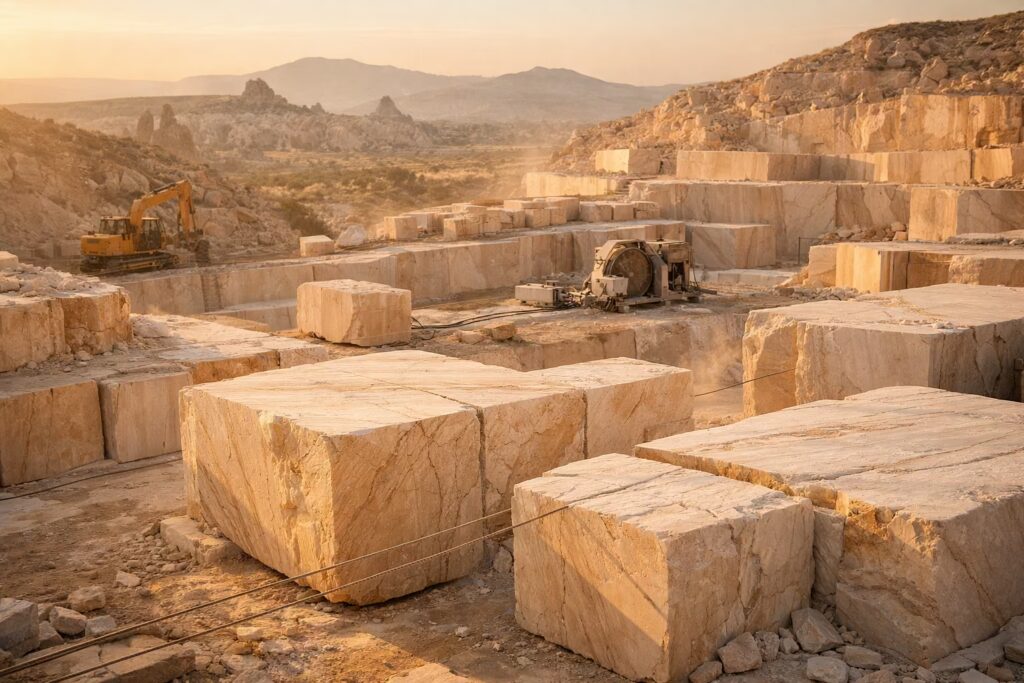 Premium Turkish marble quarry with first-choice beige marble blocks and natural veining sourced for luxury interiors by Cmilano Chennai