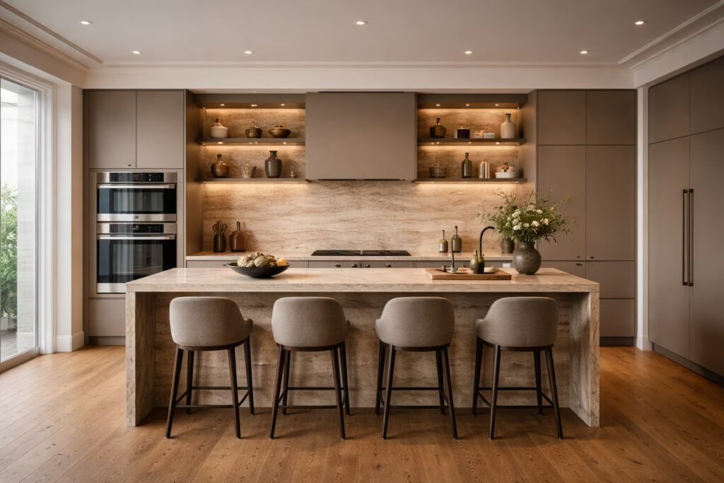 Taupe matte European kitchen with integrated appliances by Cmilano