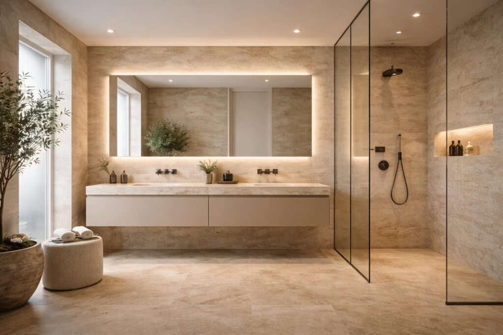 Travertine European spa-style bathroom with floating vanity by Cmilano
