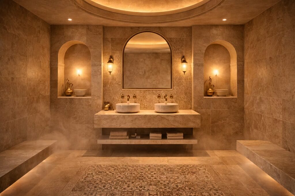 Turkish hammam-inspired bathroom with arched mirror and brass fittings by Cmilano