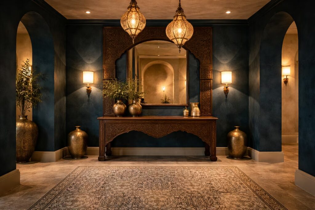 Turkish-inspired outdoor courtyard lounge with mosaic detailing by Cmilano