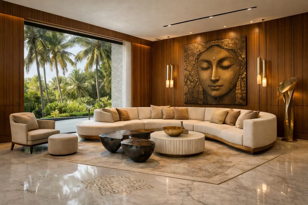 Ultra-luxury Chennai villa living room with Italian marble and teak design