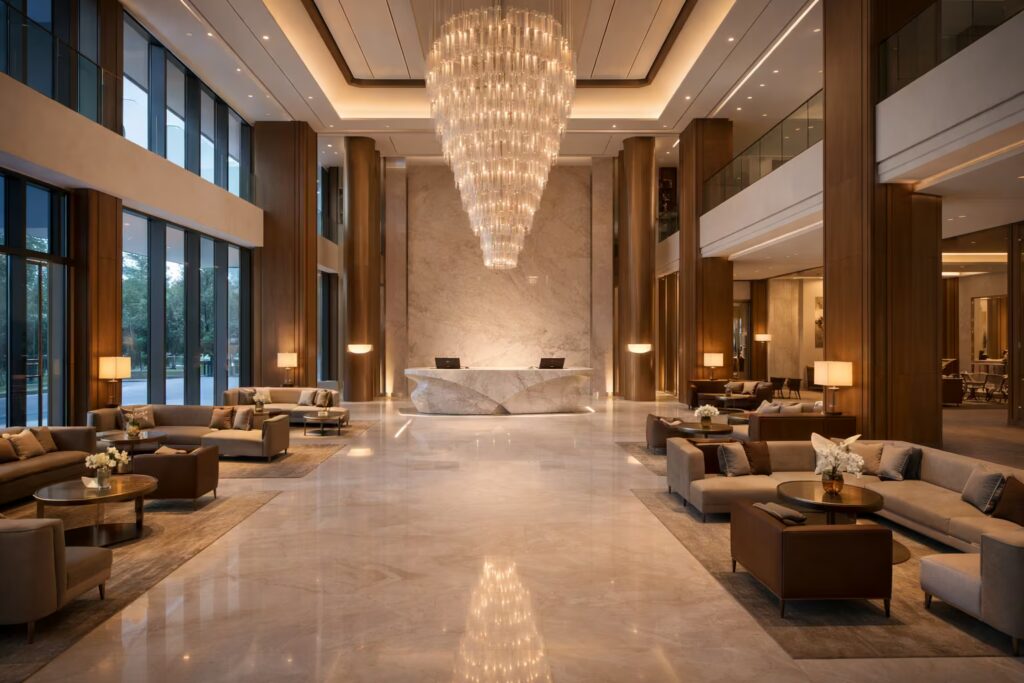 after Grand luxury hotel lobby interior with blank white feature wall and marble floor, minimalist hospitality space by Cmilano