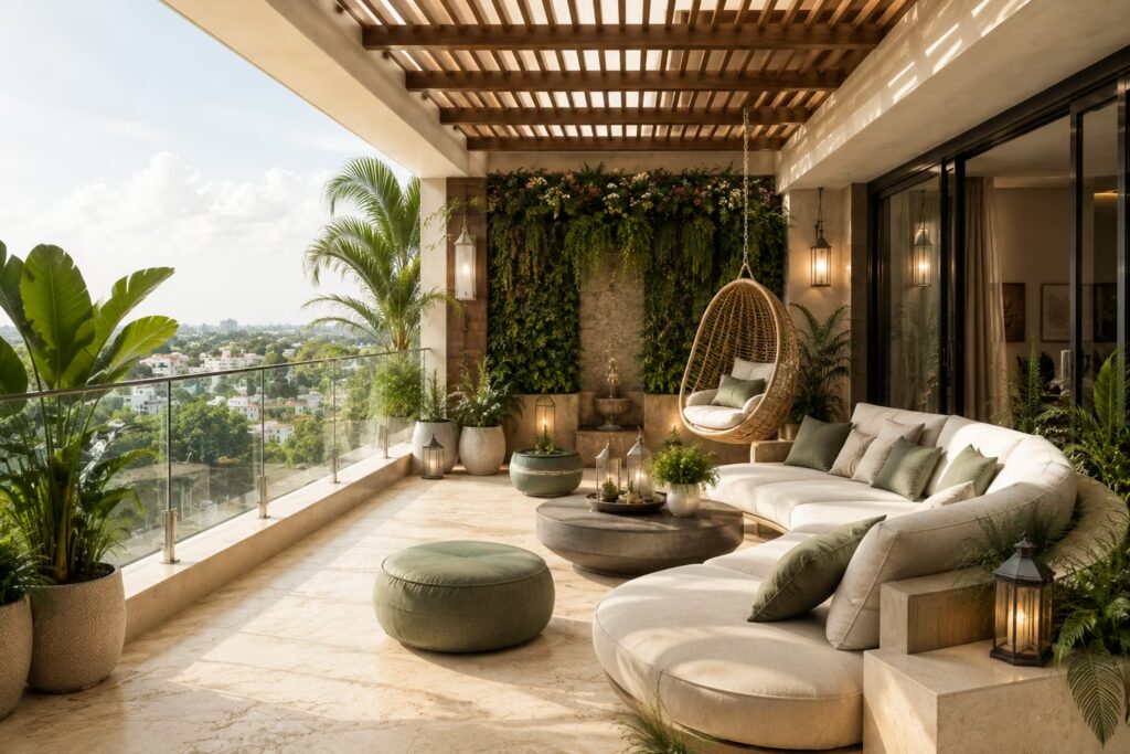 Luxury outdoor balcony with plants and seating Cmilano