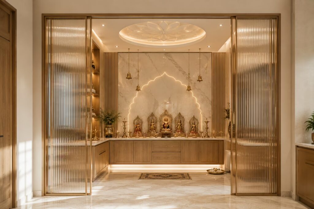 Modern luxury pooja room with glass doors Cmilano